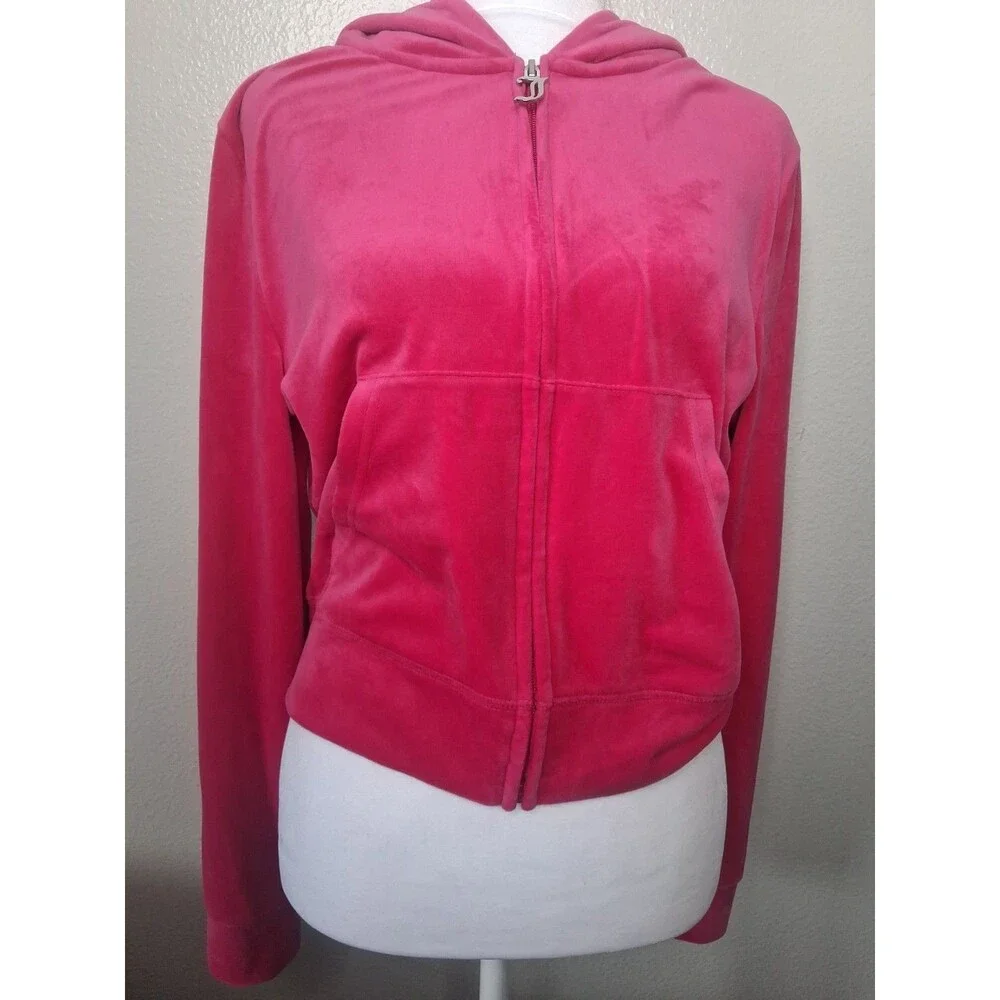 Juicy Couture Velour Hoodie Jacket Hot Pink Vintage Y2K Style Chic Loungewear L